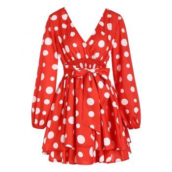 

Polka Dots Allover Print Mini Dress Layered Smocked Waist Bowknot Surplice Dress Long Sleeve Vintage A Line Dress, Red