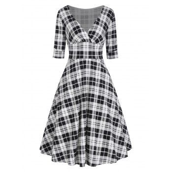 

Plaid Rolled Cuff Plunging Empire Waist Dress, Black