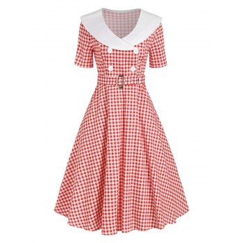 

Gingham Belted Mock Button Dress, Light pink