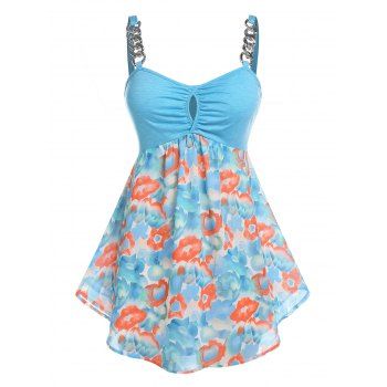 

Plus Size Floral Print Cutout Chains Tank Top, Light blue