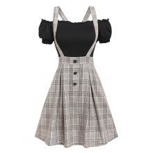 dresslily Vintage Ruched Off The Shoulder Tee and Crisscross Plaid Suspender Skirt Set
