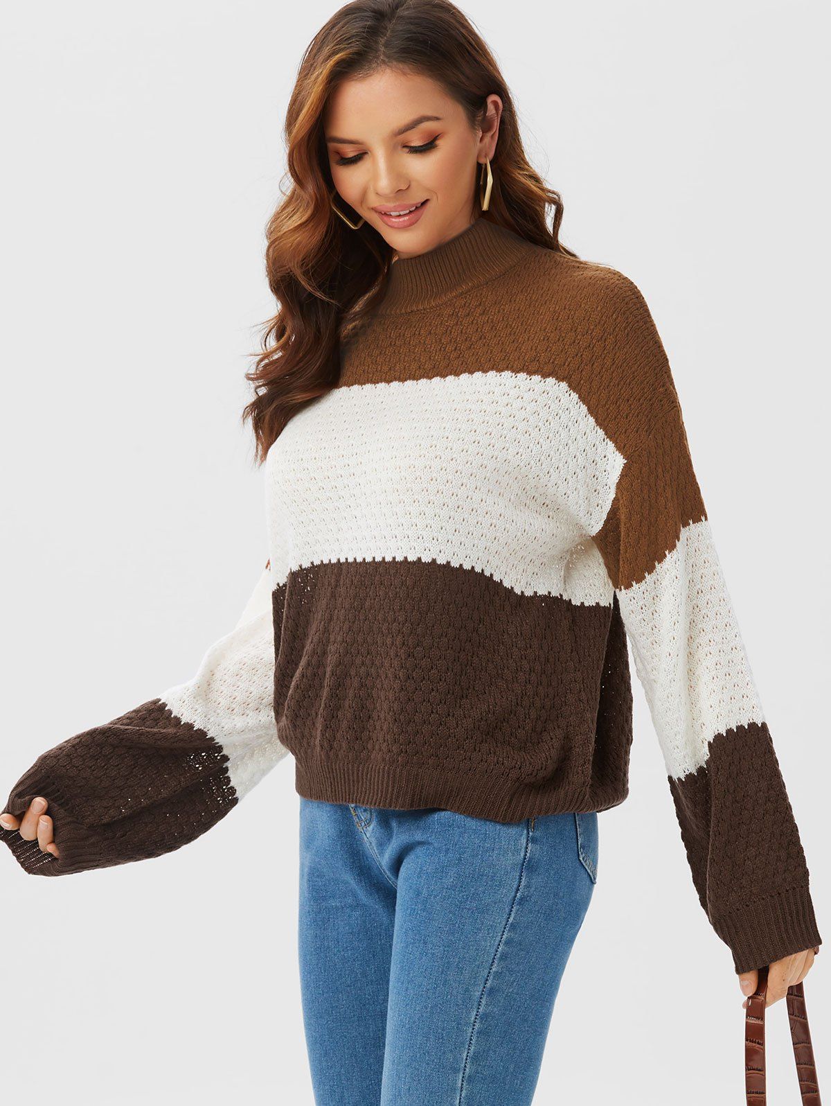 Drop Shoulder Colorblock Sweater - COFFEE S