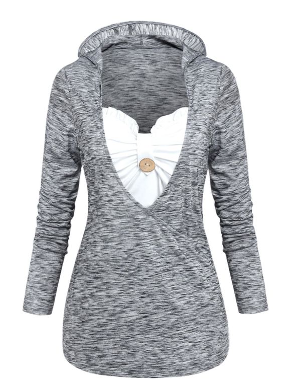 T-shirt à Capuche Panneau Enveloppé Long Superposé Teinté Imprimé - Gris Foncé XXXL