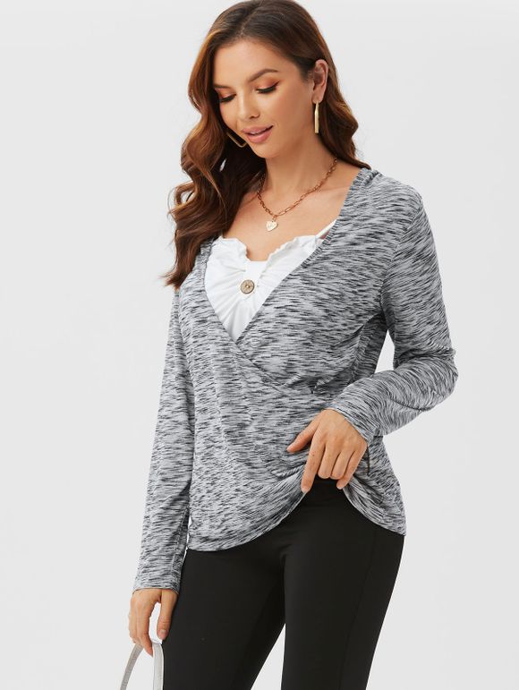 T-shirt à Capuche Panneau Enveloppé Long Superposé Teinté Imprimé - Gris Foncé XXXL