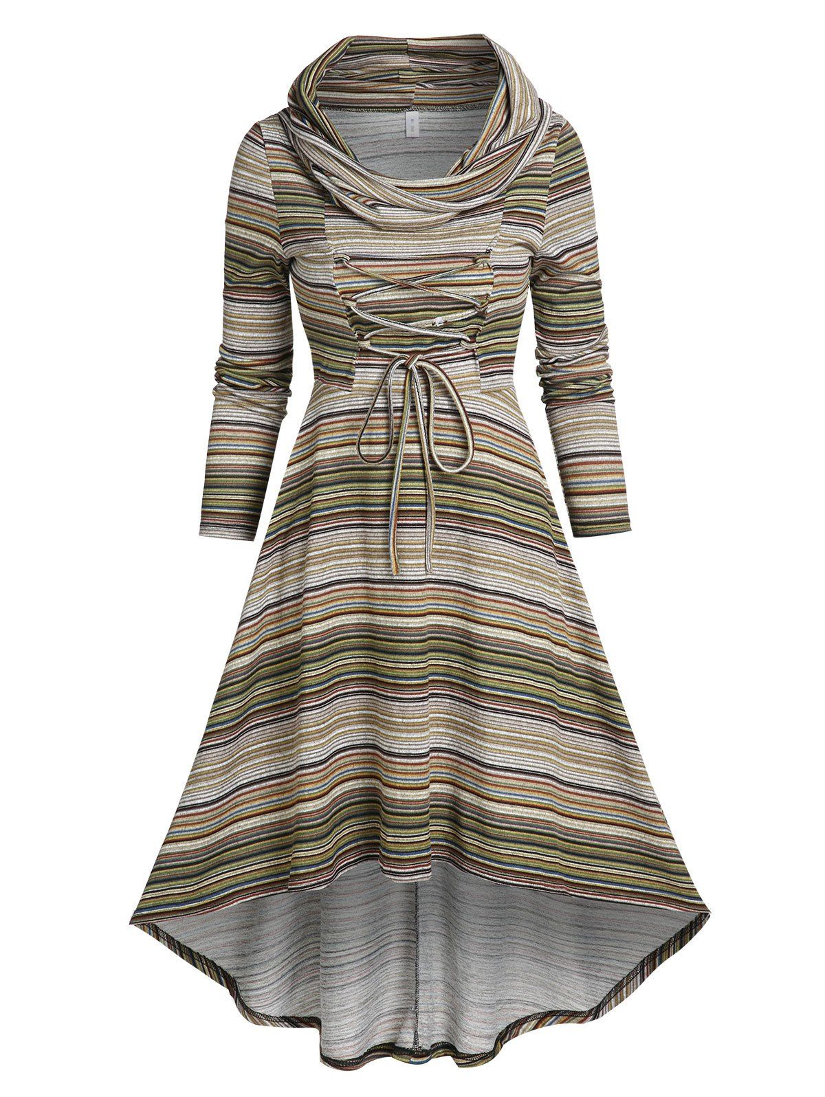 Lace Up Colorful Stripe Cowl Neck High Low Dress - COFFEE L