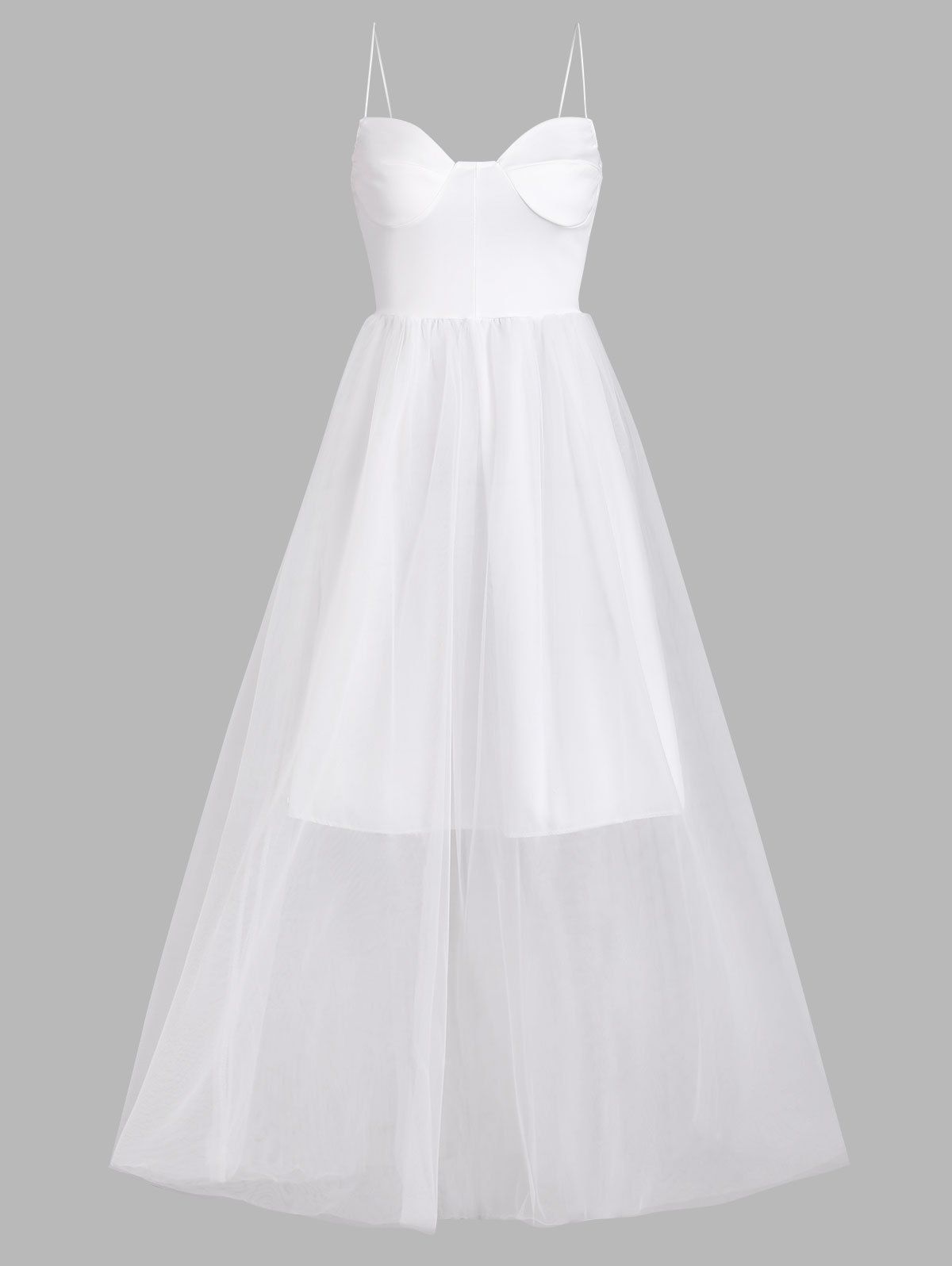 Croset Style Party Dress See Thru Tulle Mesh Overlay Midi Dress Spaghetti Strap Cupped Dress - WHITE XL