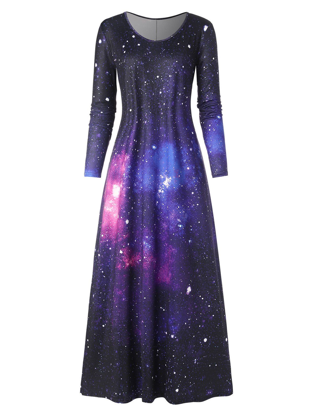 Starry Galaxy Long Sleeve Casual Maxi Dress - multicolor 2XL