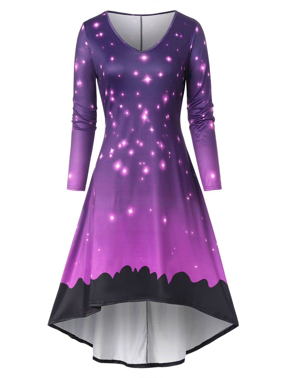 Ombre Starry High Low Long Dress - PURPLE L