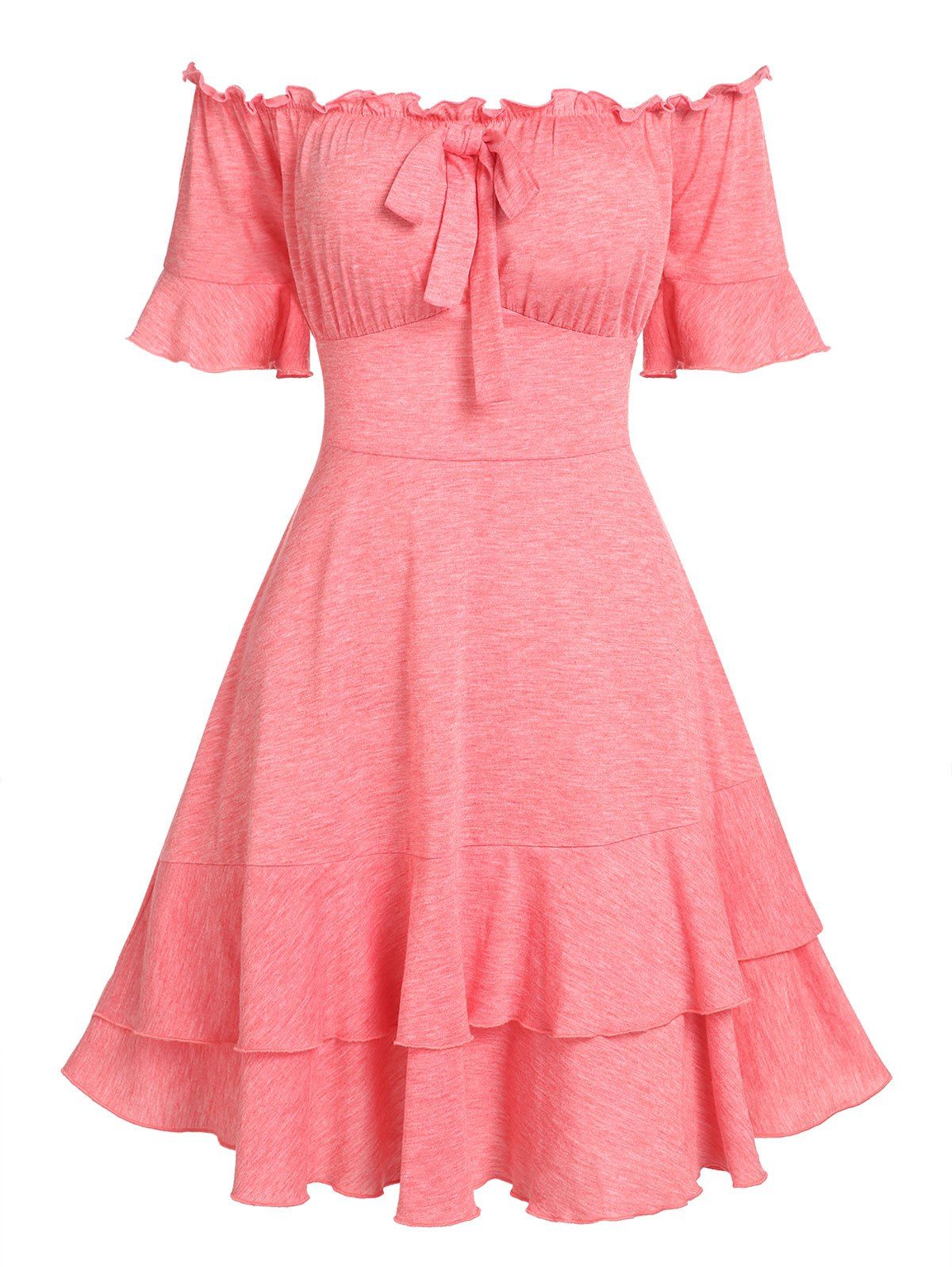 Bowknot Off The Shoulder Ruched Bust Flounced Dress - LIGHT PINK XXL