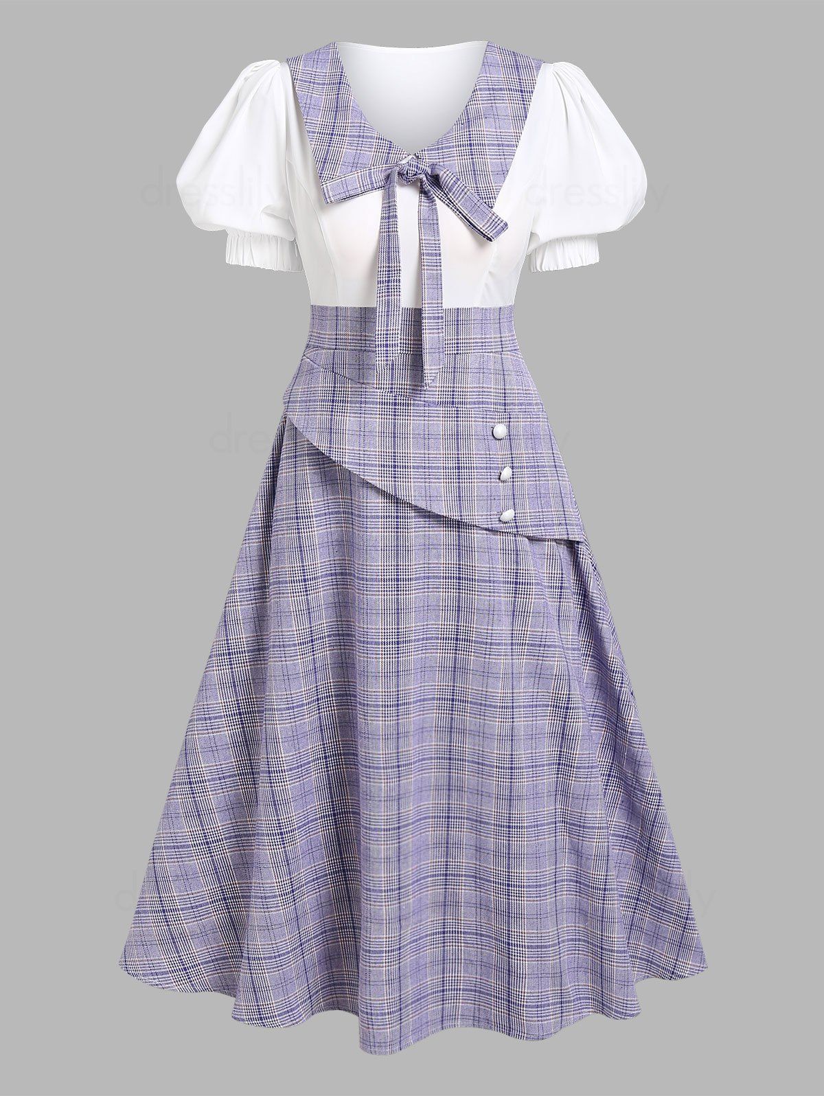 Vintage Dress Plaid Print Midi Dress Bowknot Puff Sleeve Dress Mock Button A Line Dress - LIGHT PURPLE XXXL