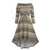 Lace Up Colorful Stripe Cowl Neck High Low Dress - COFFEE M
