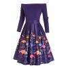 Robe Vintage à Imprimé Flamant Epaule Dénudée à Manches Longues - Pourpre M