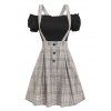 Vintage Ruched Off The Shoulder Tee and Crisscross Plaid Suspender Skirt Set - WHITE M