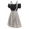 Vintage Ruched Off The Shoulder Tee and Crisscross Plaid Suspender Skirt Set - multicolor XL