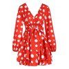 Polka Dots Allover Print Mini Dress Layered Smocked Waist Bowknot Surplice Dress Long Sleeve Vintage A Line Dress - RED M