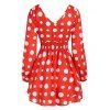 Polka Dots Allover Print Mini Dress Layered Smocked Waist Bowknot Surplice Dress Long Sleeve Vintage A Line Dress - RED M