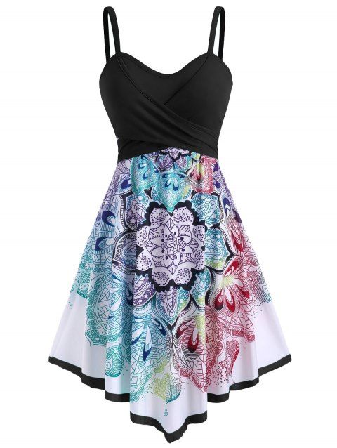 Summer Bohemian Contrast Flower Crossover Sleeveless Empire Waist Midi Dress
