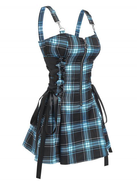 Vintage Plaid Print Mini Dress Lace Up Dress O Ring Half Zipper Strap Sleeveless Dress
