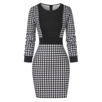 

Houndstooth Long Sleeve Mini Sheath Dress, Black