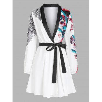 

Floral Bird Print Belted Wrap Dress, White