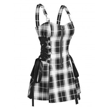 

Summer Plaid Lace Up Half Zipper Strap Gothic Dress, Black