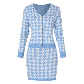 

Houndstooth Knitted Bodycon Mini Skirt Set, Light blue