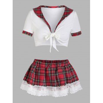 

Lace Panel Plaid School Girl Knotted Lingerie Set, Multicolor
