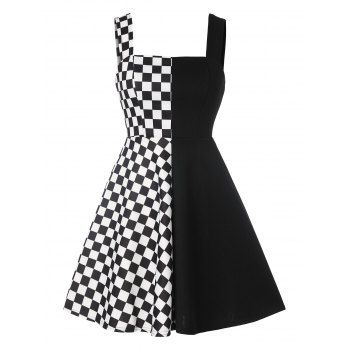 

Plaid Half and Half Flare Dress, Black
