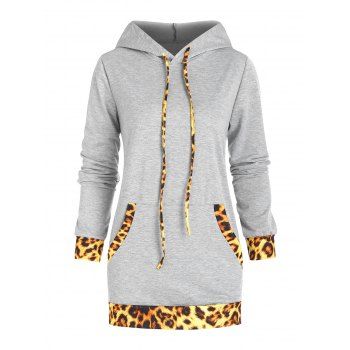 

Leopard Kangaroo Pocket Hoodie Dress, Light gray