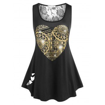 

Plus Size Lace Insert Heart Print Ripped Tank Top, Black