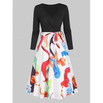 

Surplice Colorful Print Belted Long Sleeve Dress, Black