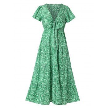 

Ditsy Print Tie Front Tiered Dress, Green