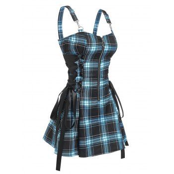 Vintage Plaid Print Mini Dress Lace Up Dress O Ring Half Zipper Strap Sleeveless Dress