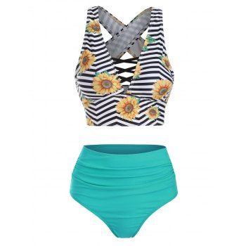 

Tummy Control Swimsuit Sunflower Zig Zag Print Criss Cross High Waist Tankini Swimwear, Green