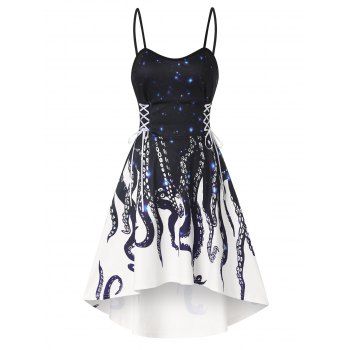 

Summer Cute High Low Lace Up Octopus Print Mini Dress, Deep blue