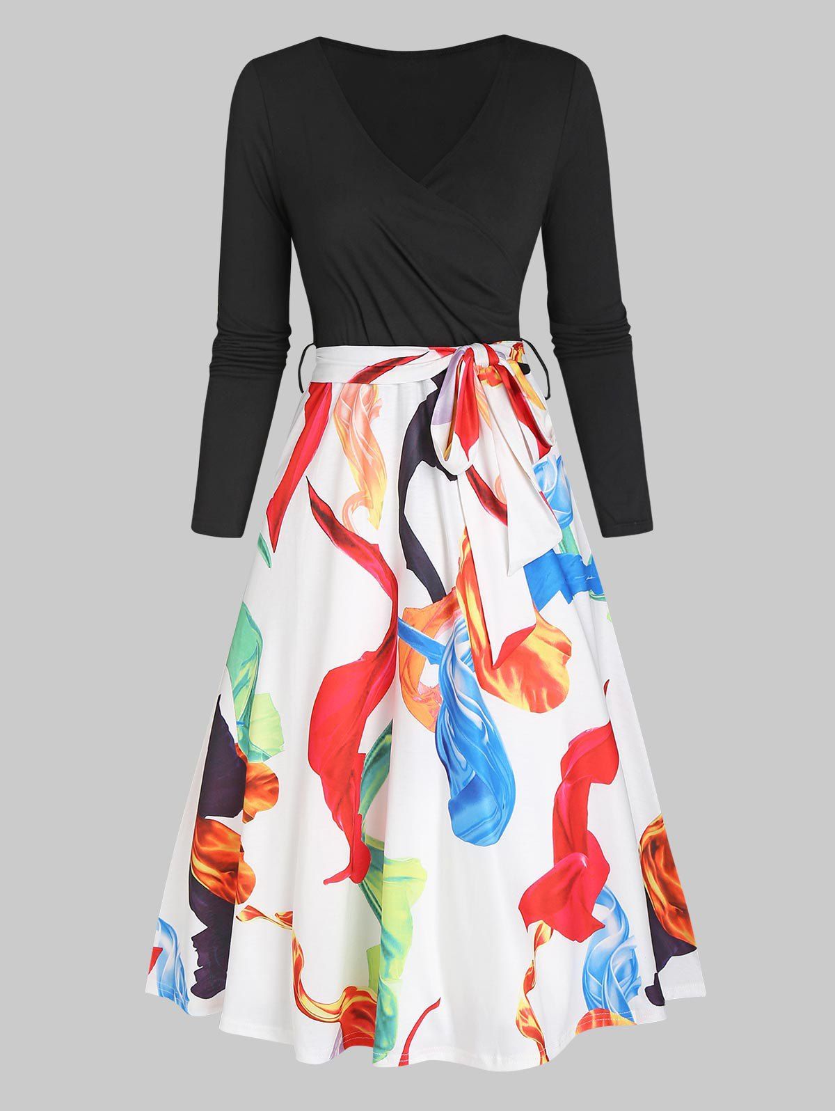 Surplice Colorful Print Belted Long Sleeve Dress - BLACK L