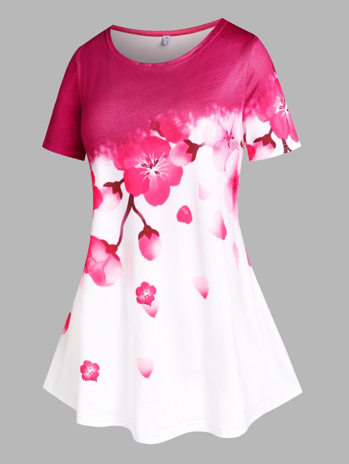 Plus Size Sakura Flower Blossom Print Swing Tee - RED 2X