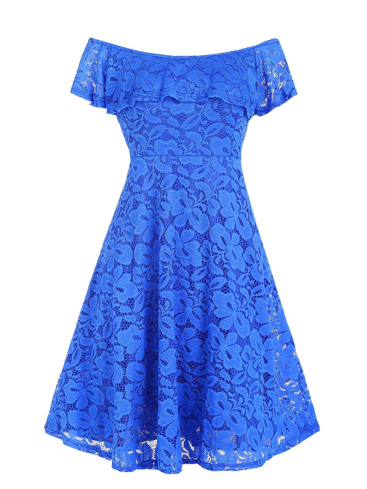 Sweet Lace Off The Shoulder Flounce A Line Cocktail Party Dress - BLUE XL