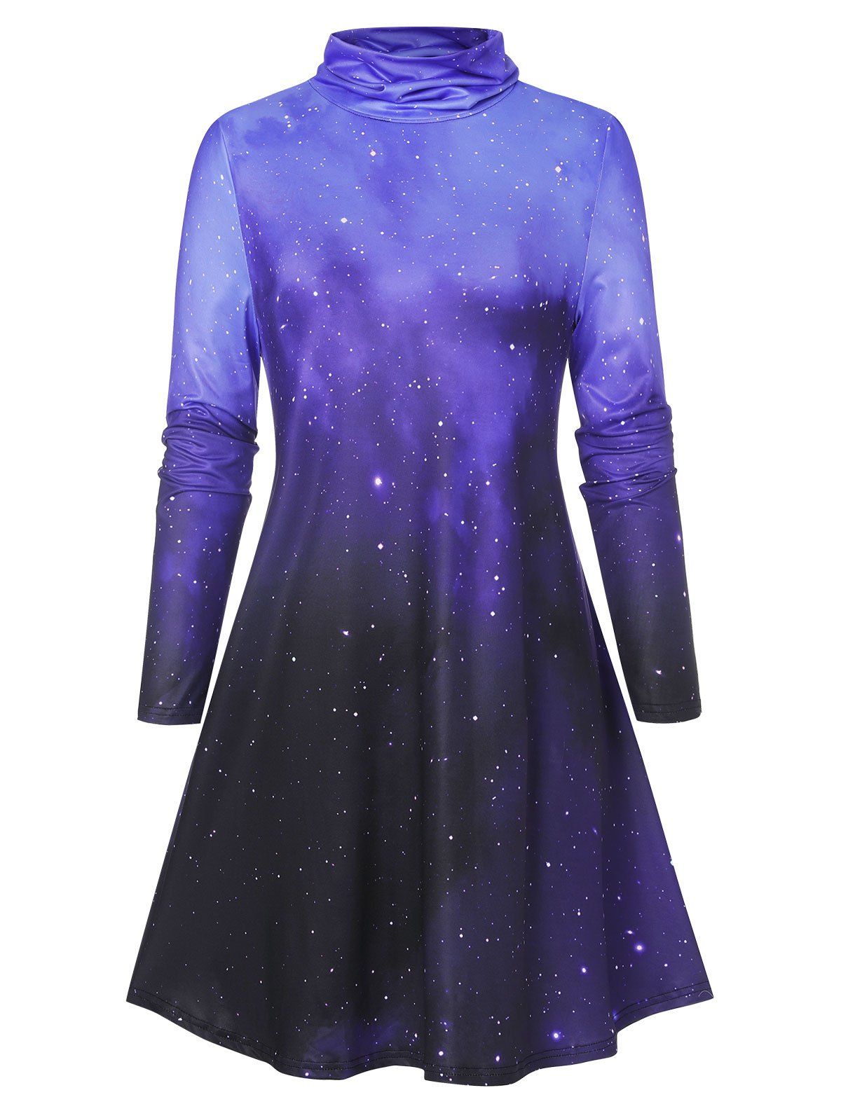 Galaxy Starry Turtleneck Long Sleeve Dress - PURPLE L