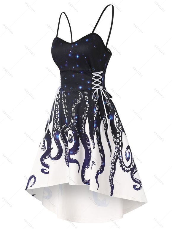 Robe d'Eté Haute Basse Mignonne à Bretelle à Imprimé Pieuvre à Lacets - Bleu profond S