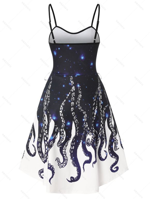 Robe d'Eté Haute Basse Mignonne à Bretelle à Imprimé Pieuvre à Lacets - Bleu profond S