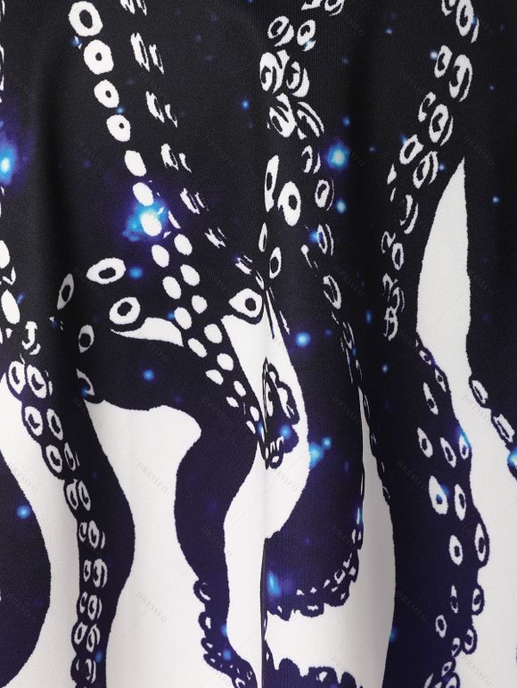 Robe d'Eté Haute Basse Mignonne à Bretelle à Imprimé Pieuvre à Lacets - Bleu profond S