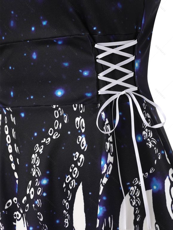 Robe d'Eté Haute Basse Mignonne à Bretelle à Imprimé Pieuvre à Lacets - Bleu profond S