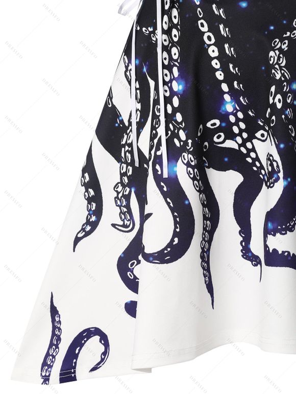 Robe d'Eté Haute Basse Mignonne à Bretelle à Imprimé Pieuvre à Lacets - Bleu profond S