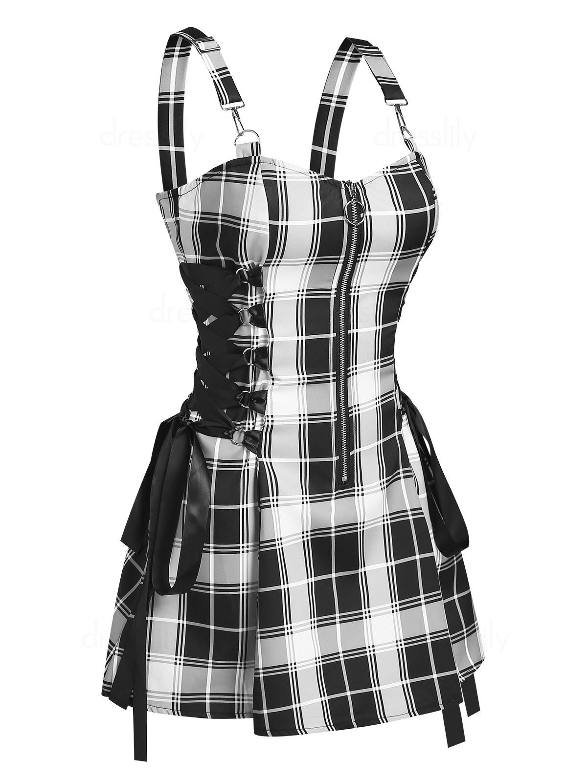 Plaid Lace Up Half Zipper Gothic Dress - BLACK M