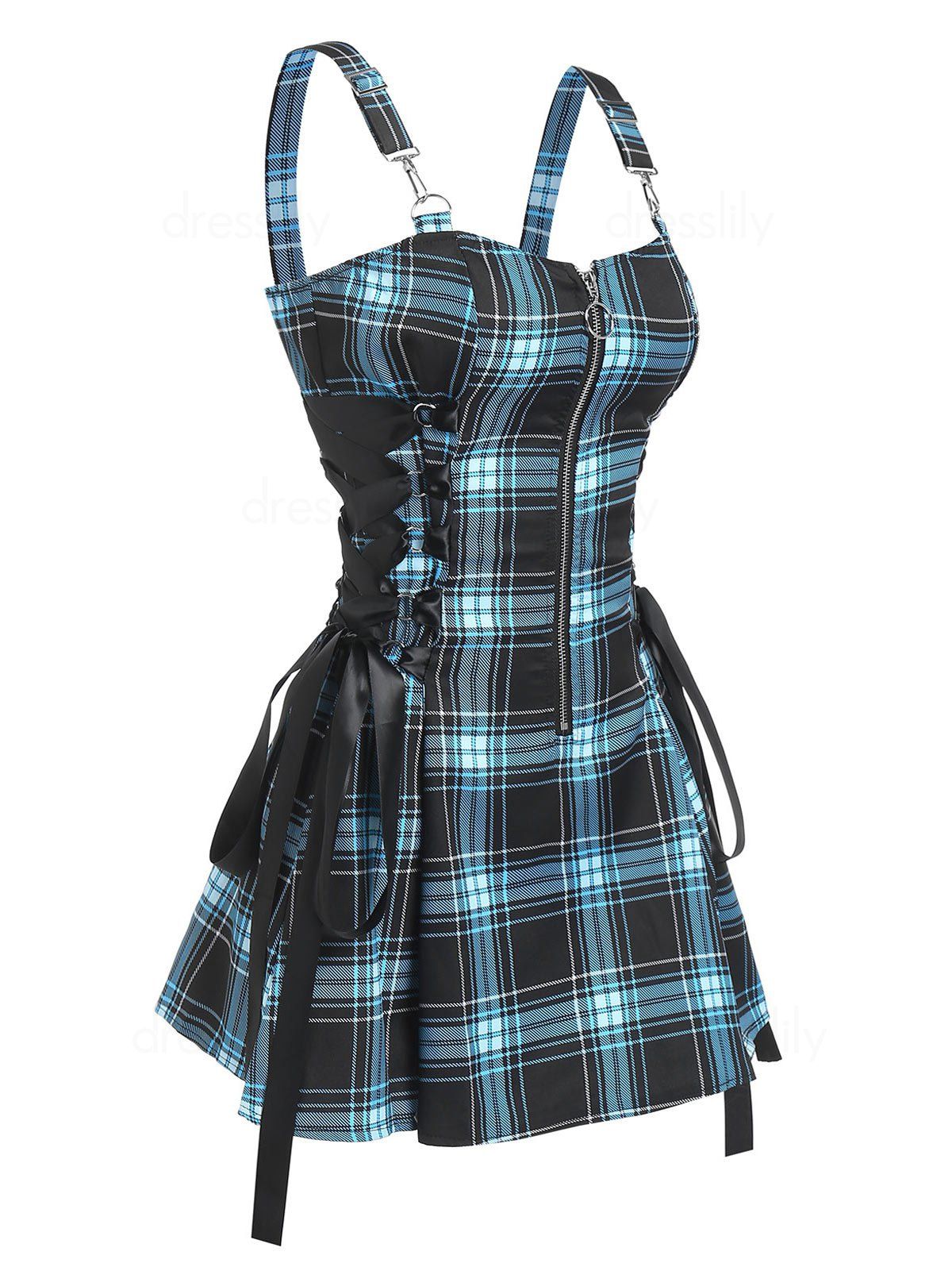 Plaid Lace Up Half Zipper Gothic Dress - BLUE M