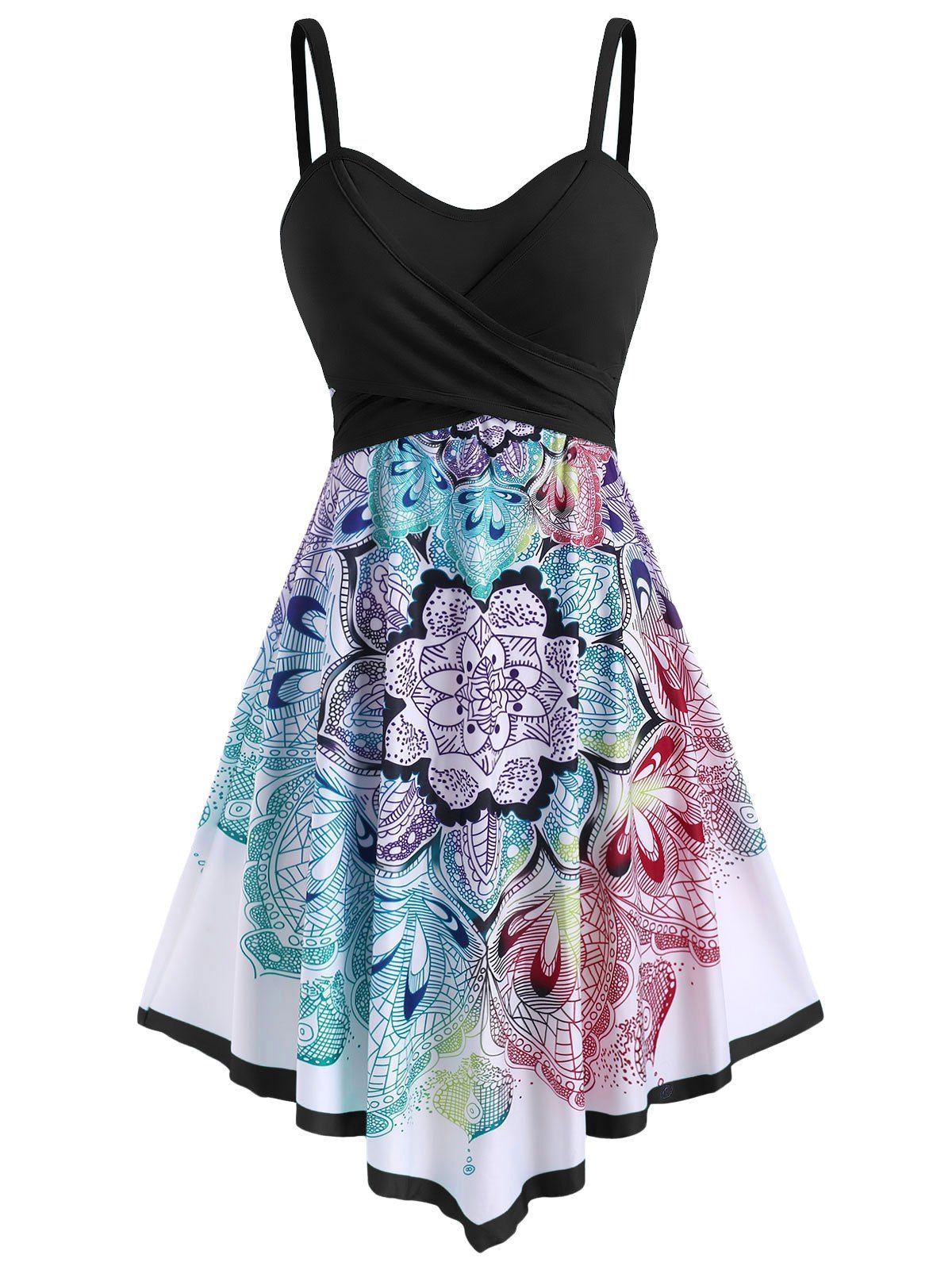 Summer Bohemian Contrast Flower Crossover Sleeveless Empire Waist Midi Dress - BLACK M