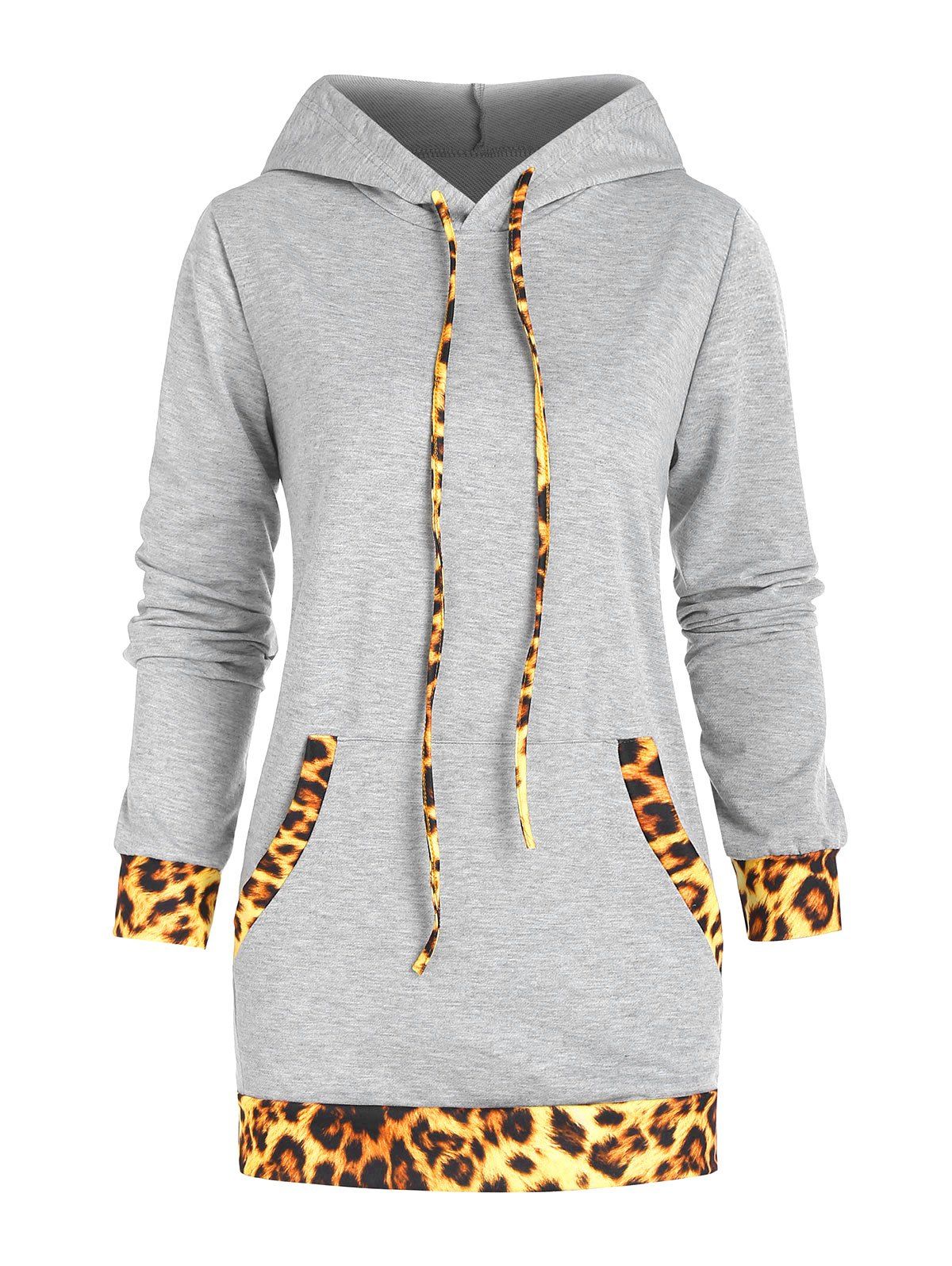Leopard Kangaroo Pocket Hoodie Dress - LIGHT GRAY M