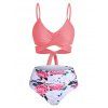 Tummy Control Bikini Swimsuit Cross Tied Back Animal Print Full Coverage Ruched Beach Swimwear - PINK S