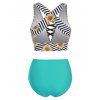 Tummy Control Swimsuit Sunflower Zig Zag Print Criss Cross High Waist Tankini Swimwear - GREEN 2XL